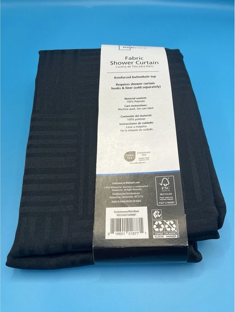 Mainstays Henderson Rich Black Basket Weave Fabric Shower Curtain-72 in x 72 in